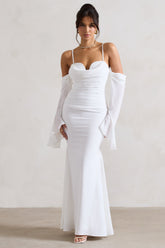 Cream Draped Flared-Sleeve Fishtail Maxi Dress